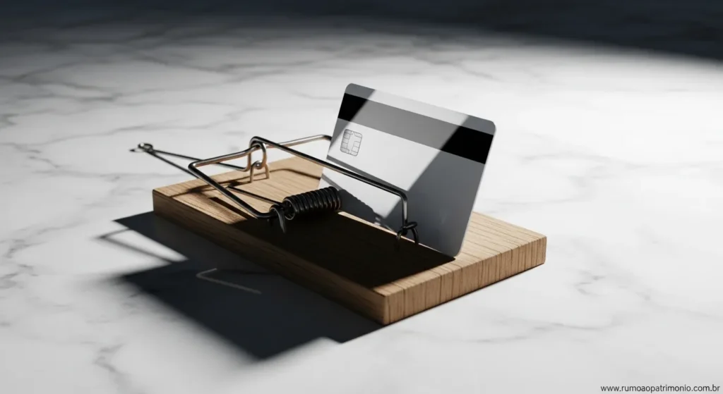 Cartão de Crédito: Como Zerar sua Fatura com Organização 2 Cartão de crédito dentro de uma armadilha representando as dívidas financeiras no Brasil