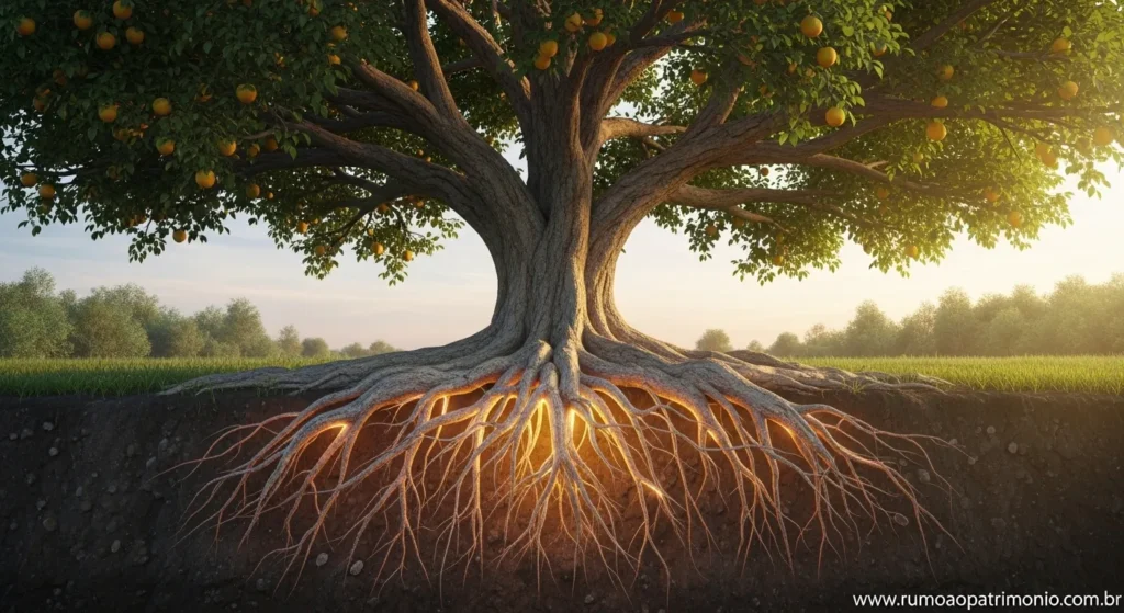 Árvore grande e frutífera representando a prosperidade financeira com raízes fortes