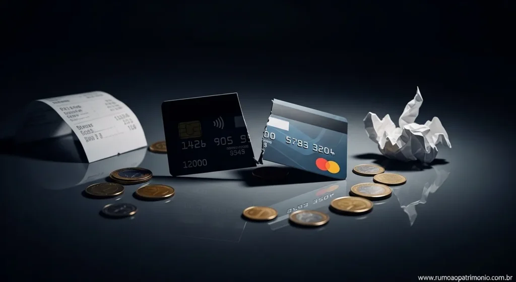 Cartão de crédito partido ao meio representando dívida financeira e perigo do crédito