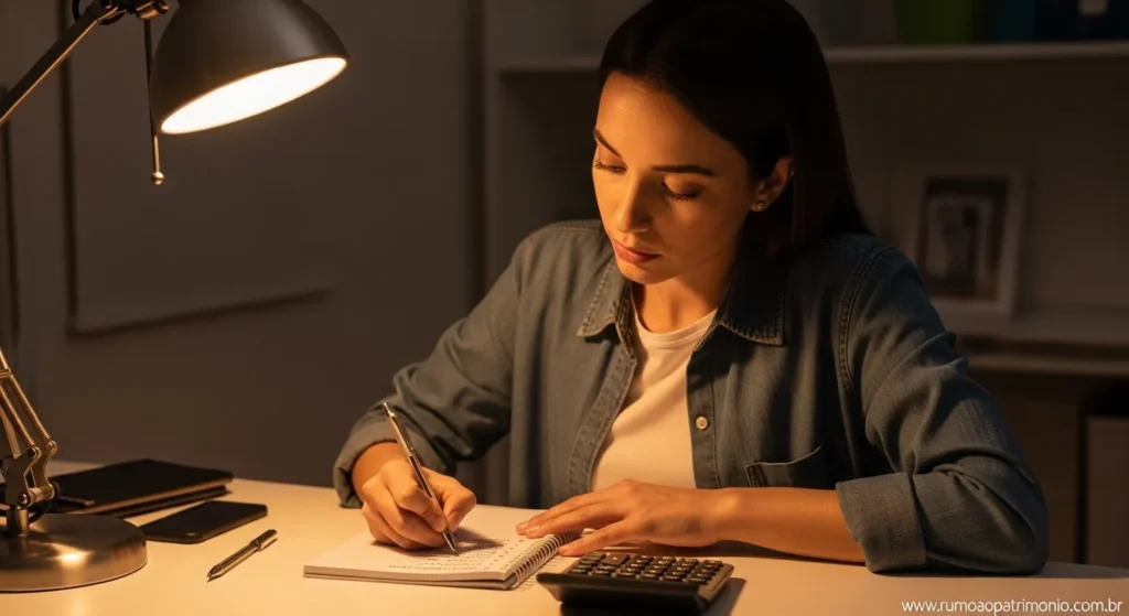 Pessoa escrevendo lista de dívidas financeiras em caderno para se livrar das dívidas