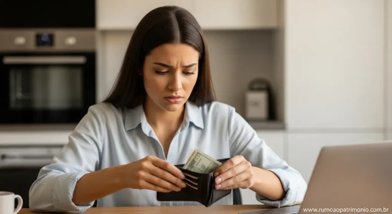 Pessoa olhando para carteira vazia com expressão preocupada — como ter dinheiro sobrando todo mês