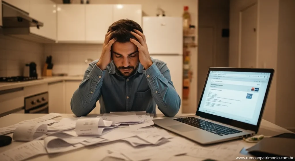 Cartão de Crédito: Como Zerar sua Fatura com Organização 3 Homem confuso olhando para contas e fatura do cartão de crédito espalhadas sobre a mesa