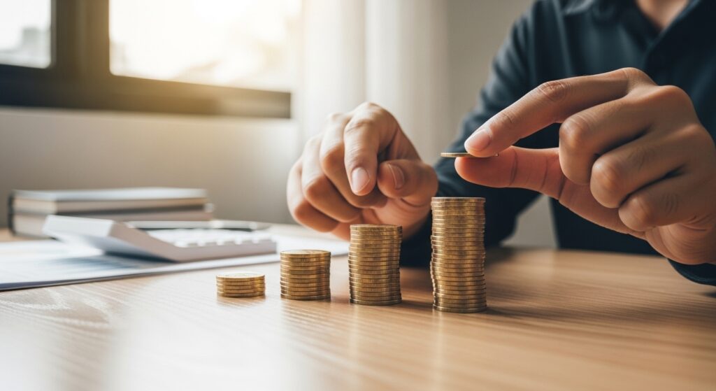 Pessoa construindo patrimônio empilhando moedas em ordem crescente representando as três etapas da prosperidade financeira