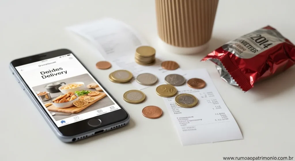 Ganha Bem Mas Fica No Zero? Veja Como Sobrar Dinheiro 3 Aplicativo de delivery aberto no celular ao lado de recibos e moedas espalhadas representando desperdício no controle financeiro pessoal