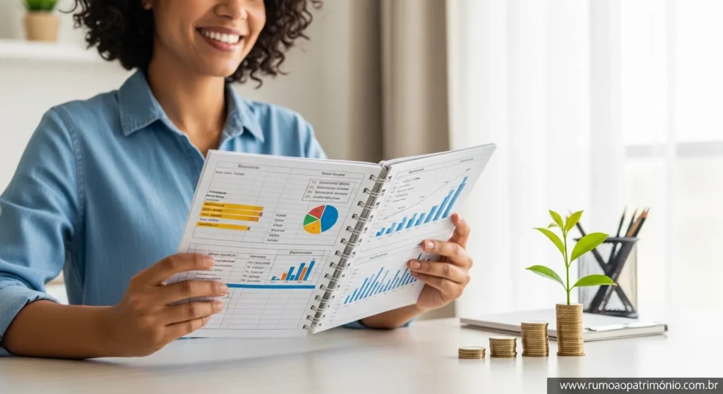 Pessoa sorridente com planejamento financeiro organizado representando controle financeiro pessoal e prosperidade