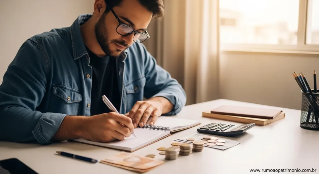 Pessoa organizando finanças pessoais em caderno com moedas e notas — disciplina financeira para ter dinheiro sobrando