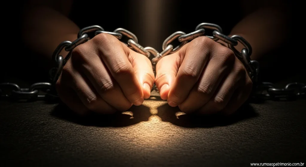 Mãos algemadas com correntes simbolizando escravidão das dívidas financeiras