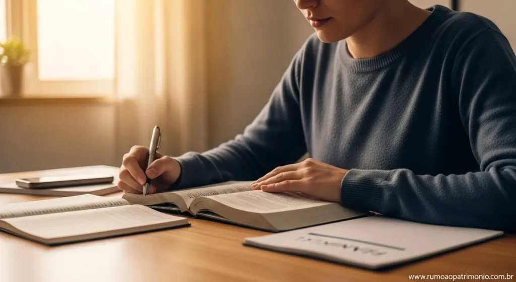 Pessoa estudando com Bíblia e caderno de finanças representando educação financeira bíblica e jornada de prosperidade