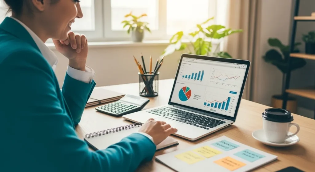 Pessoa planejando como gastar dinheiro para prosperar em 2026 com notebook e notas