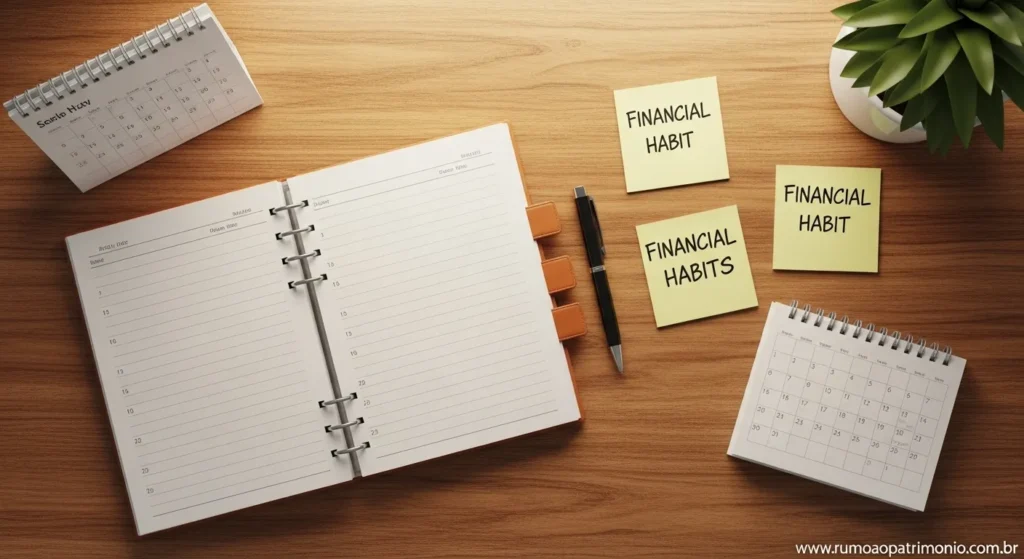 Calendario e caderno com anotacoes de habitos financeiros e planejamento financeiro 2026