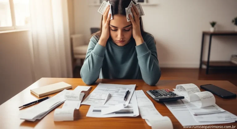 40 Hábitos Financeiros Ruins Que Impedem Você de Prosperar 8 Pessoa preocupada olhando para contas e dinheiro — hábitos financeiros ruins que impedem a prosperidade