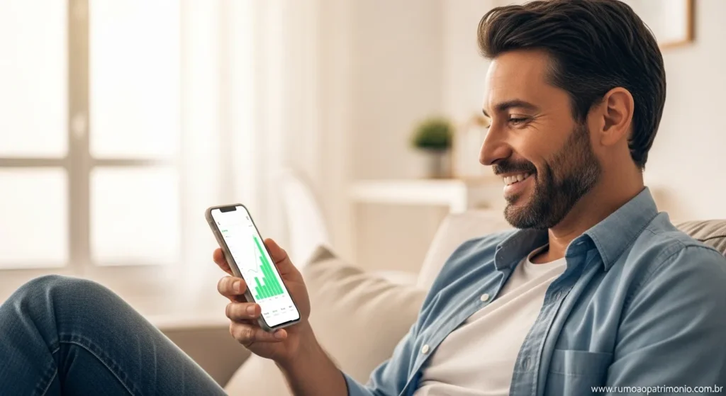 Ganha Bem Mas Fica No Zero? Veja Como Sobrar Dinheiro 5 Pessoa sorrindo ao ver crescimento de investimentos no celular representando o resultado de sobrar dinheiro no fim do mês e investir