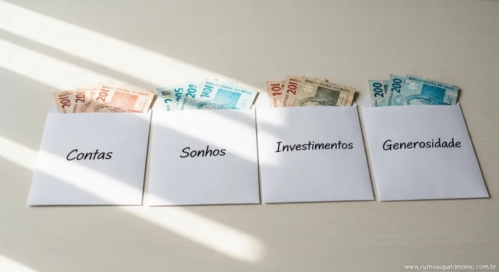 Quatro envelopes com dinheiro representando distribuicao de renda e como organizar suas financas