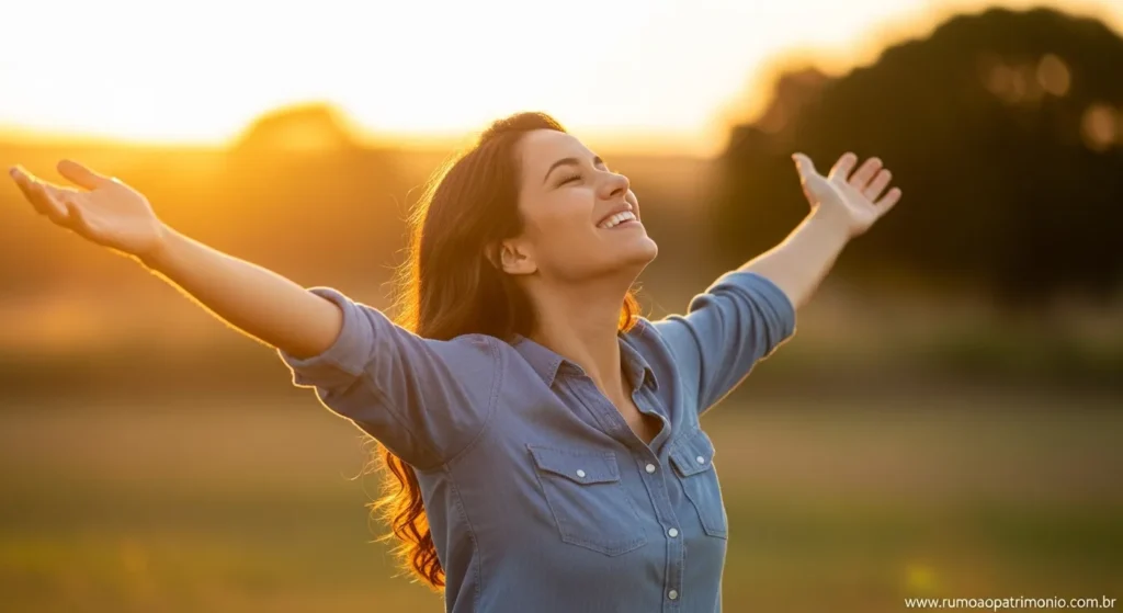 Pessoa feliz e livre com os braços abertos representando liberdade financeira e fim das dívidas