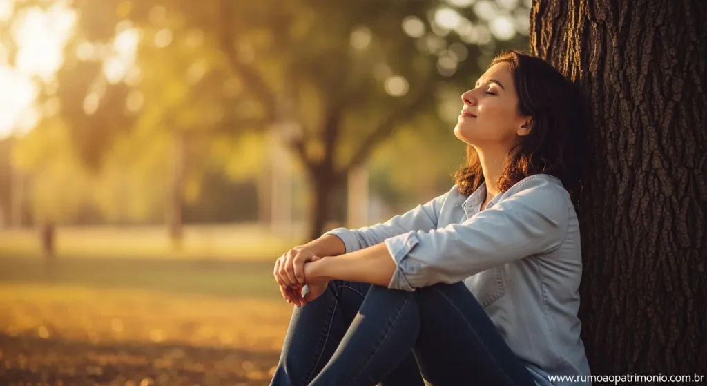 Pessoa relaxada em ambiente tranquilo representando liberdade financeira e paz com dinheiro sobrando todo mês