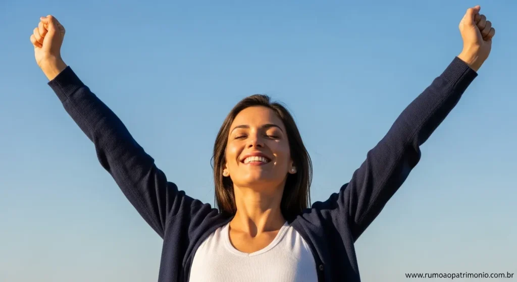 Como Sair das Dívidas em 7 Passos e Limpar Seu Nome 5 Pessoa feliz comemorando liberdade financeira apos sair das dividas e limpar o nome