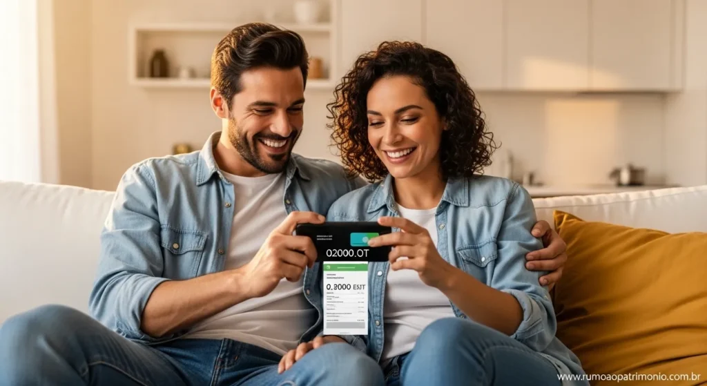 Cartão de Crédito: Como Zerar sua Fatura com Organização 5 Casal brasileiro sorrindo e celebrando a liberdade financeira após zerar as dívidas do cartão de crédito