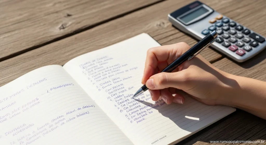 Como Sair das Dívidas em 7 Passos e Limpar Seu Nome 2 Caderno com lista de dívidas anotadas à mão como primeiro passo para sair das dívidas