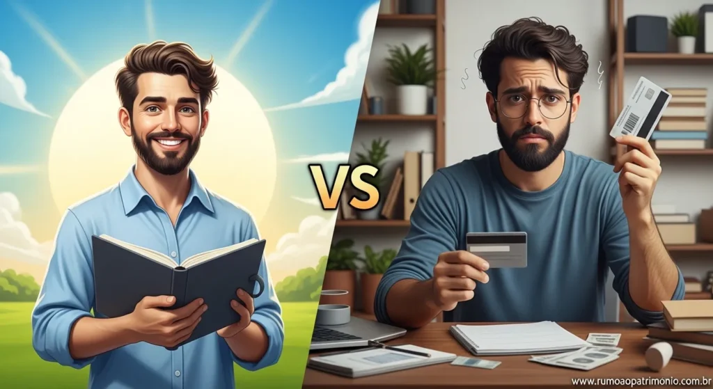 Duas pessoas com salários iguais e destinos financeiros diferentes — mentalidade financeira e hábitos com dinheiro