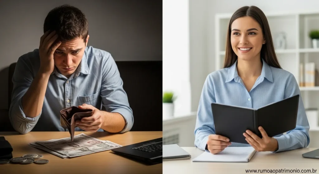 Comparação visual entre mentalidade pobre e mentalidade próspera — educação financeira para iniciantes