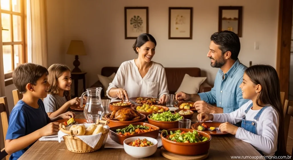 Família simples e feliz à mesa com comida representando o nível 1 de prosperidade financeira