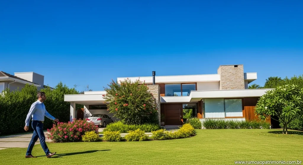 Pessoa confiante caminhando em direção a uma casa confortável simbolizando prosperidade financeira no nível 2