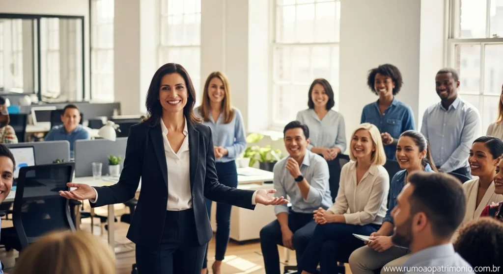 Líder inspirando equipe em ambiente profissional representando o nível 3 de prosperidade financeira e impacto coletivo