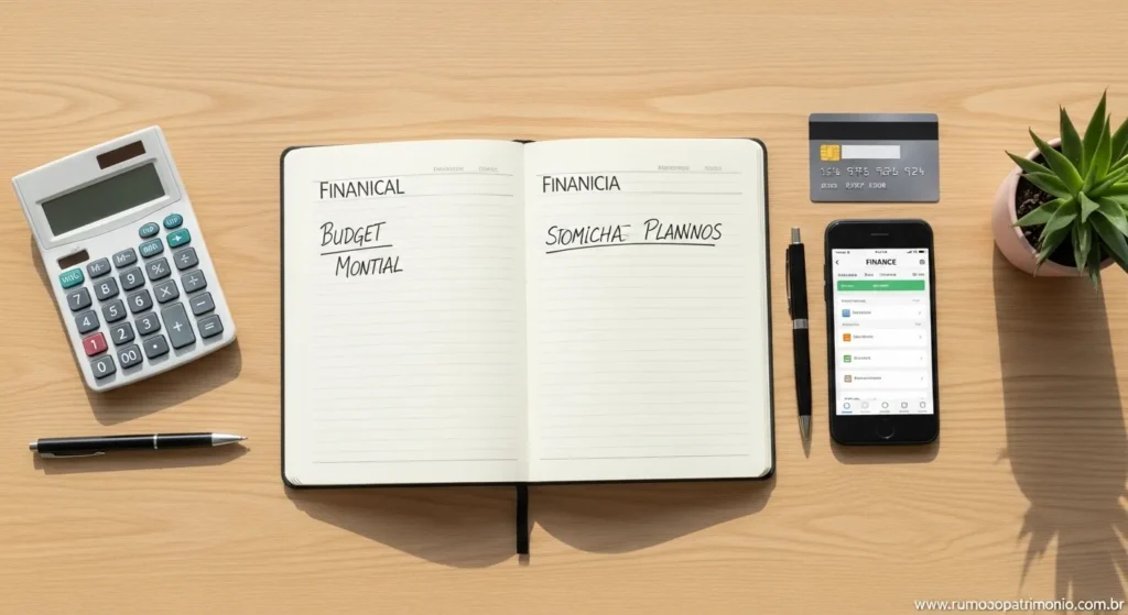Cartão de Crédito: Como Zerar sua Fatura com Organização 4 Caderno de planejamento financeiro mensal aberto ao lado de calculadora e cartão de crédito sobre mesa organizada