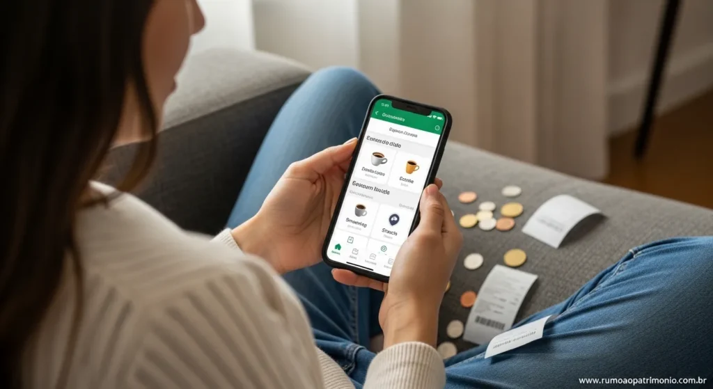 Pessoa somando pequenos gastos diários no celular — controle financeiro pessoal e hábitos financeiros ruins