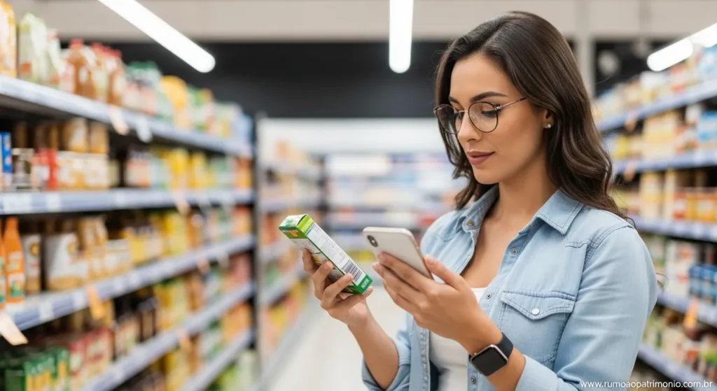 Ganha Bem Mas Fica No Zero? Veja Como Sobrar Dinheiro 4 Mulher comparando preços no supermercado com celular na mão como parte do planejamento financeiro para sobrar dinheiro no fim do mês