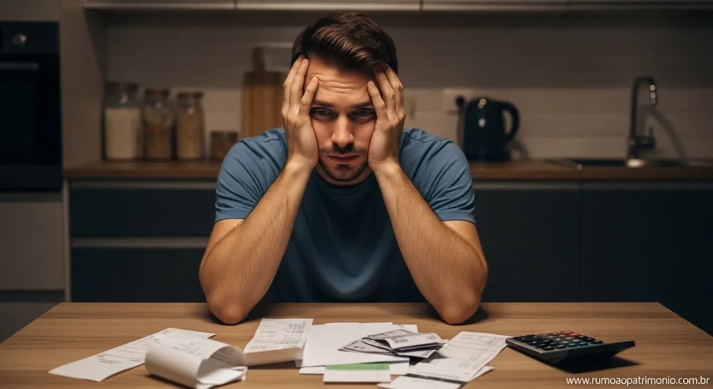 Como Sair das Dívidas em 7 Passos e Limpar Seu Nome 1 Pessoa preocupada sentada à mesa com contas e boletos para sair das dívidas