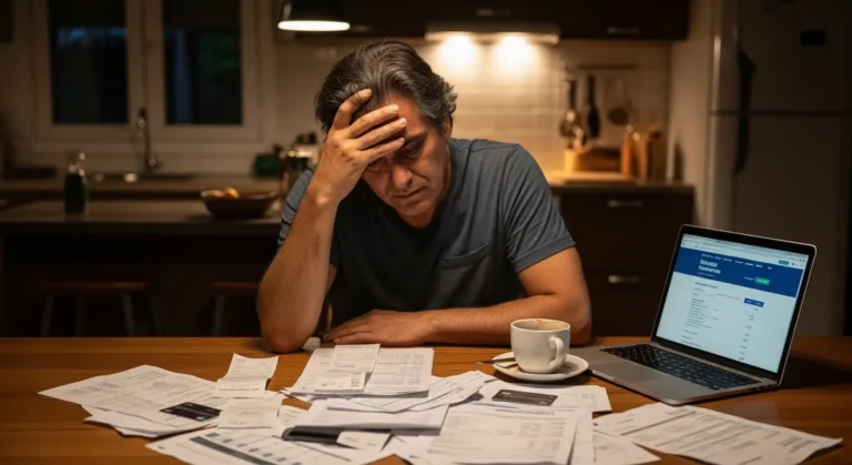 Como Eliminar Dívidas e Reconquistar Sua Liberdade 6 Pessoa preocupada olhando contas e documentos sobre como eliminar dívidas financeiras