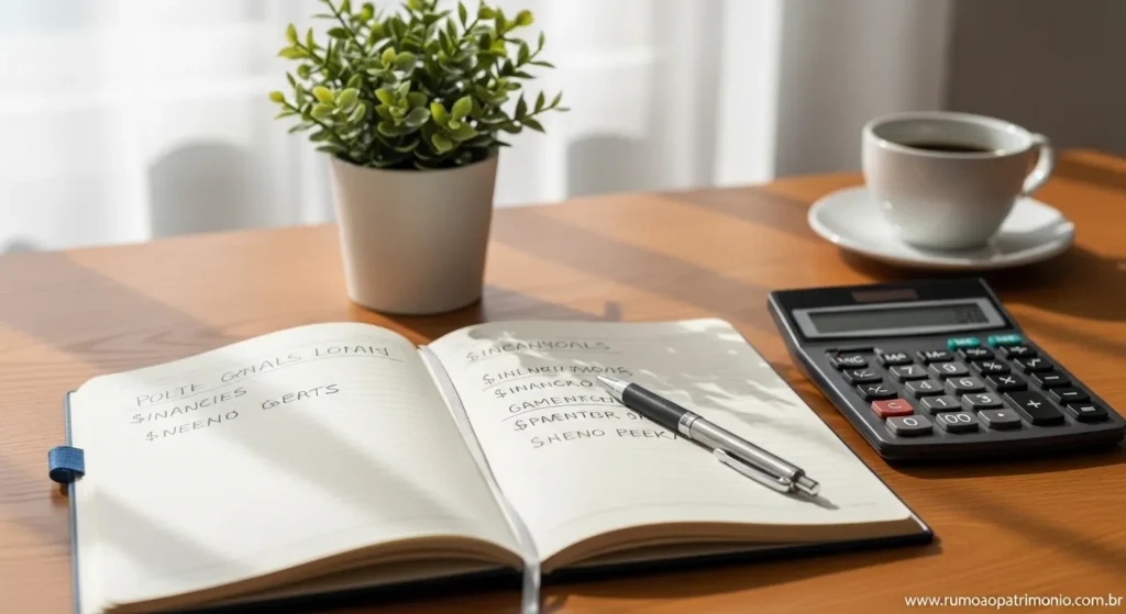 Ganha Bem Mas Fica No Zero? Veja Como Sobrar Dinheiro 2 Caderno de planejamento financeiro aberto com metas escritas e caneta sobre mesa organizada controle financeiro pessoal