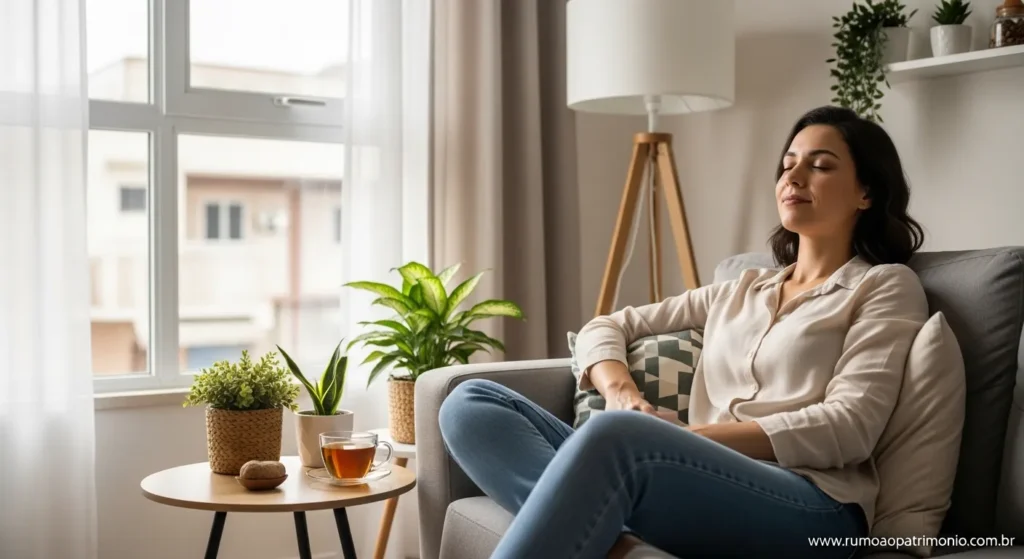 Pessoa descansando em ambiente tranquilo representando o princípio do descanso e prosperidade financeira