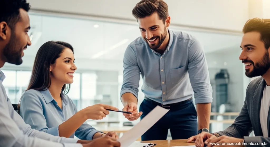 Profissional ajudando colega no trabalho representando o princípio do servir para prosperidade financeira