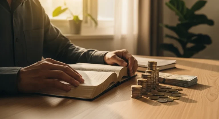 Prosperidade Financeira: O Que a Bíblia Ensina Sobre Riqueza 6 Pessoa refletindo sobre prosperidade financeira com Bíblia aberta e moedas simbolizando equilíbrio entre riqueza e espiritualidade