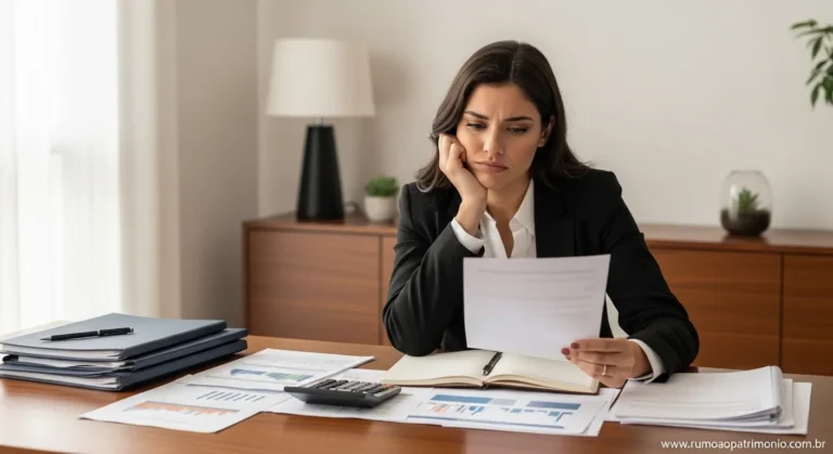 Prosperidade Financeira: 3 Princípios Que Ninguém Te Conta 7 Pessoa sentada à mesa com papéis e calculadora, frustrada por não alcançar prosperidade financeira