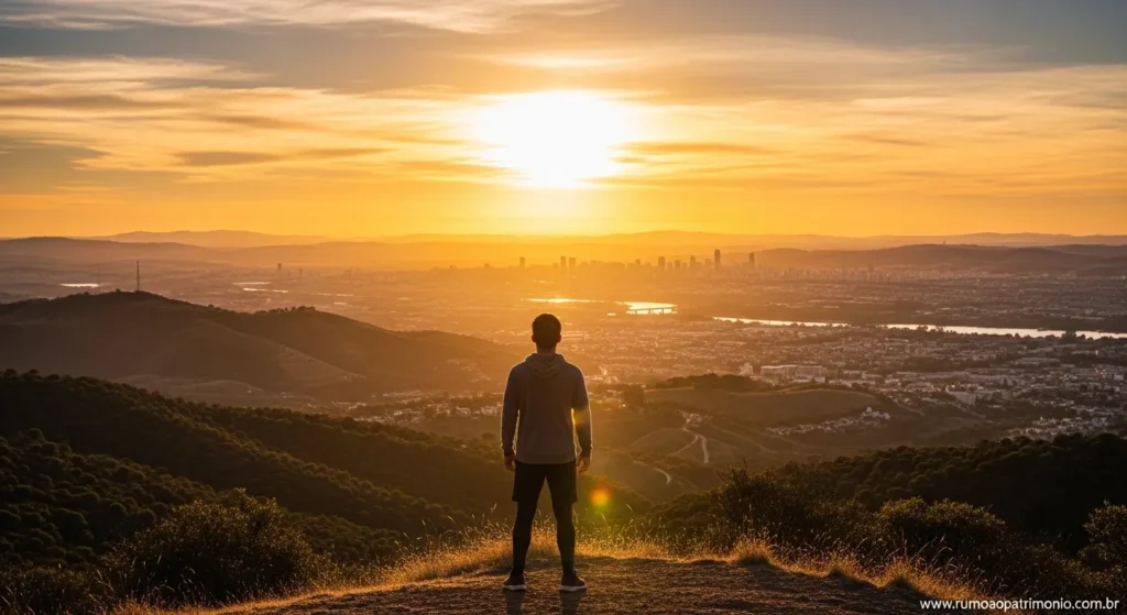 Pessoa olhando para o horizonte com expressão esperançosa representando os três níveis de prosperidade financeira