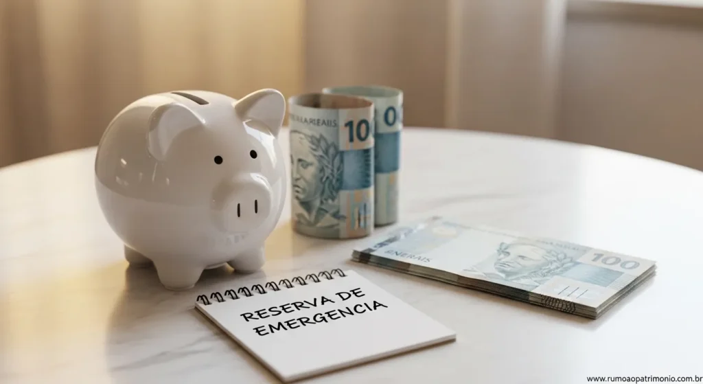 Cofrinho e dinheiro representando reserva de emergencia e controle financeiro