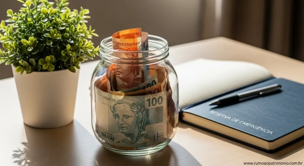 Cofrinho e dinheiro guardado representando reserva de emergência para investir com dívidas