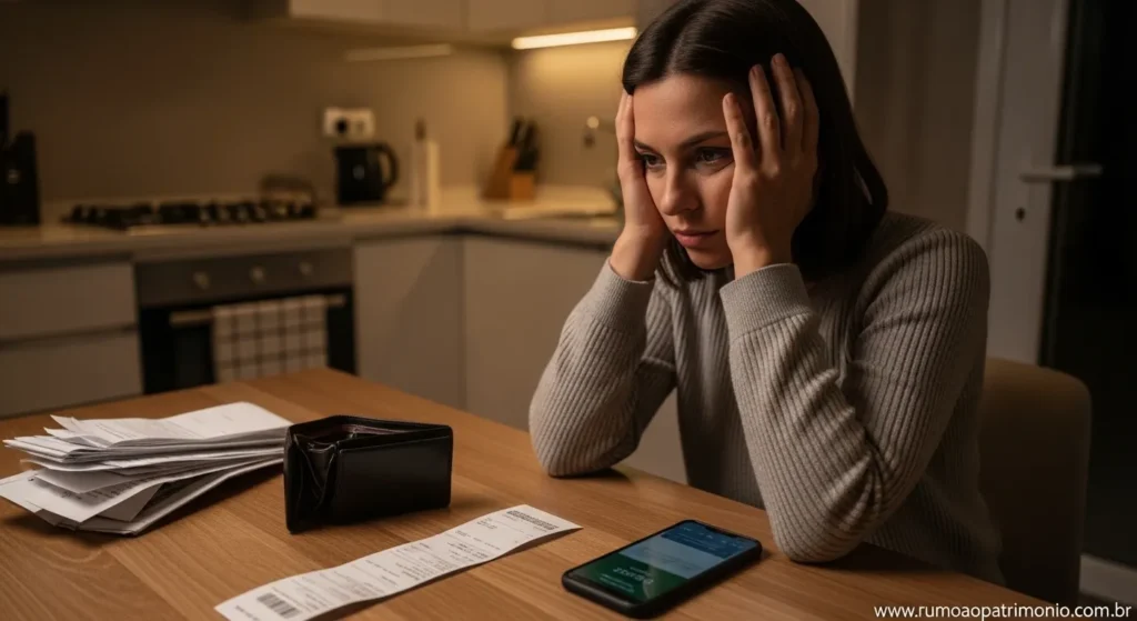 Ganha Bem Mas Fica No Zero? Veja Como Sobrar Dinheiro 1 Pessoa adulta preocupada olhando para contas e carteira vazia tentando sobrar dinheiro no fim do mês