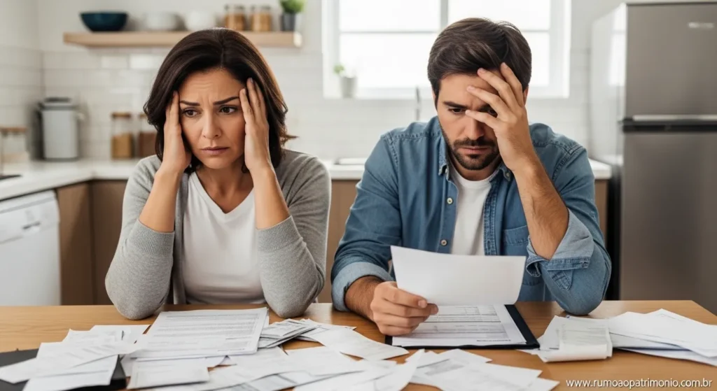 Vida Financeira: A Informação Certa Pode Transformar a Sua 2 Casal preocupado analisando contas e dívidas representando os erros que comprometem a vida financeira