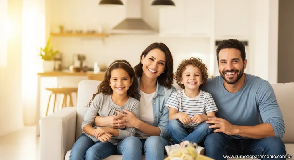 Vida Financeira: A Informação Certa Pode Transformar a Sua 5 Família feliz em ambiente próspero representando o resultado de uma vida financeira transformada e organizada