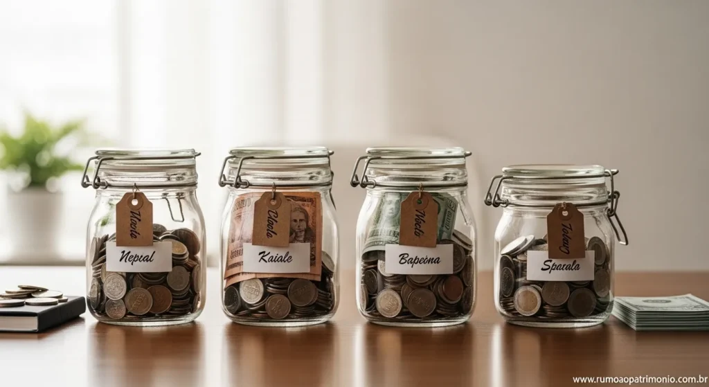 Vida Financeira: A Informação Certa Pode Transformar a Sua 3 Ilustração realista de quatro cofrinhos representando os quatro pilares de uma vida financeira próspera