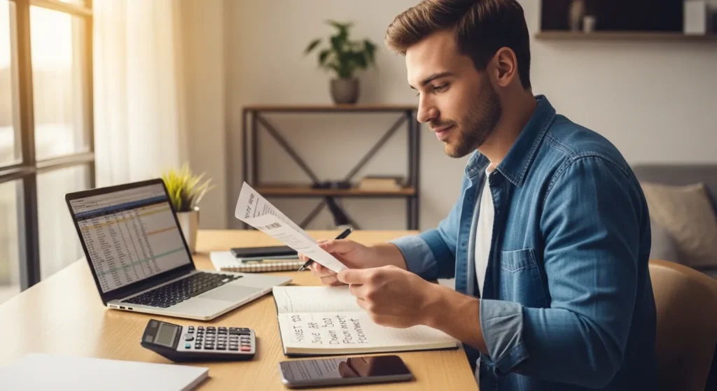 Pessoa planejando vida financeira hoje com calculadora e notebook sobre mesa organizada