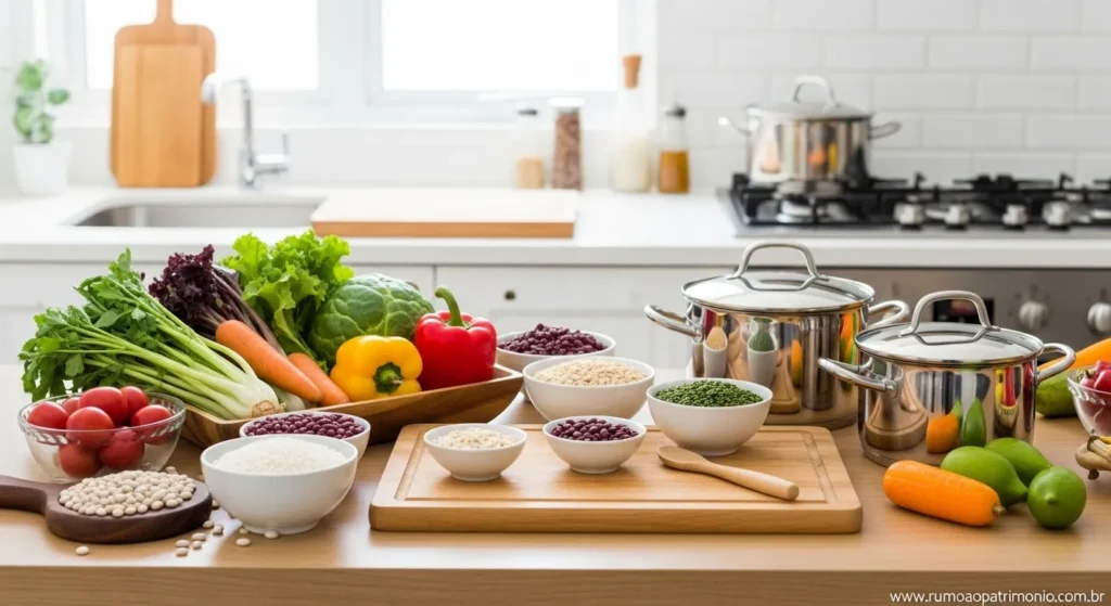 Mesa com alimentos naturais e utensílios de cozinha — gastar bem traz retorno na alimentação