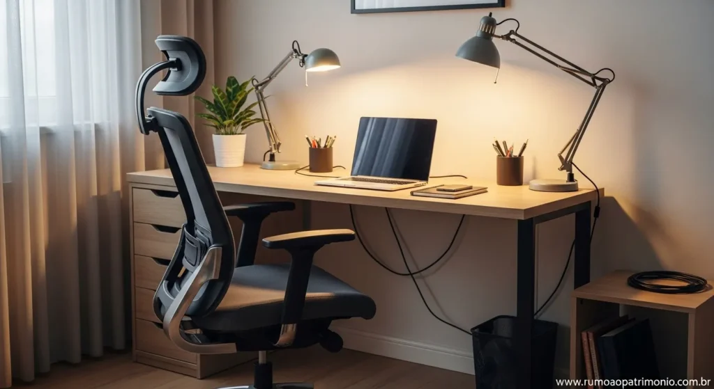 Home office ergonômico com boa iluminação e cadeira confortável para produtividade