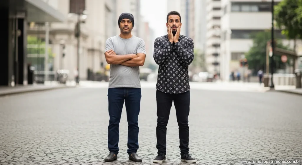 Duas pessoas em contraste, uma com roupas simples e outra bem vestida, ilustrando que aparência não define crescimento financeiro