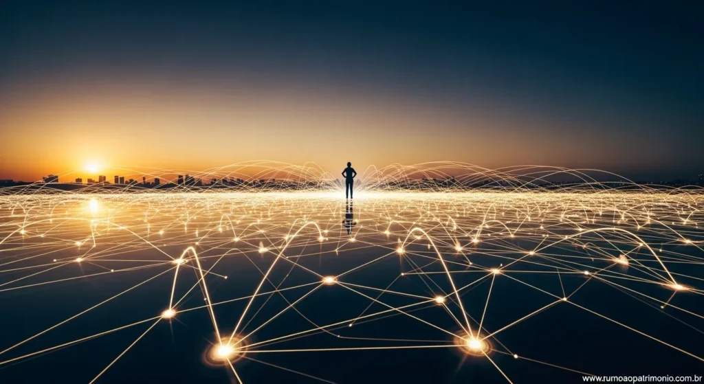Como usar os 6 Graus de Separação para crescer e prosperar 4 Rede de conexões humanas representando prosperidade e crescimento através dos 6 graus de separação