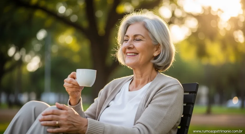 Pessoa idosa tranquila e feliz ao ar livre representando a liberdade de quem conseguiu construir uma aposentadoria